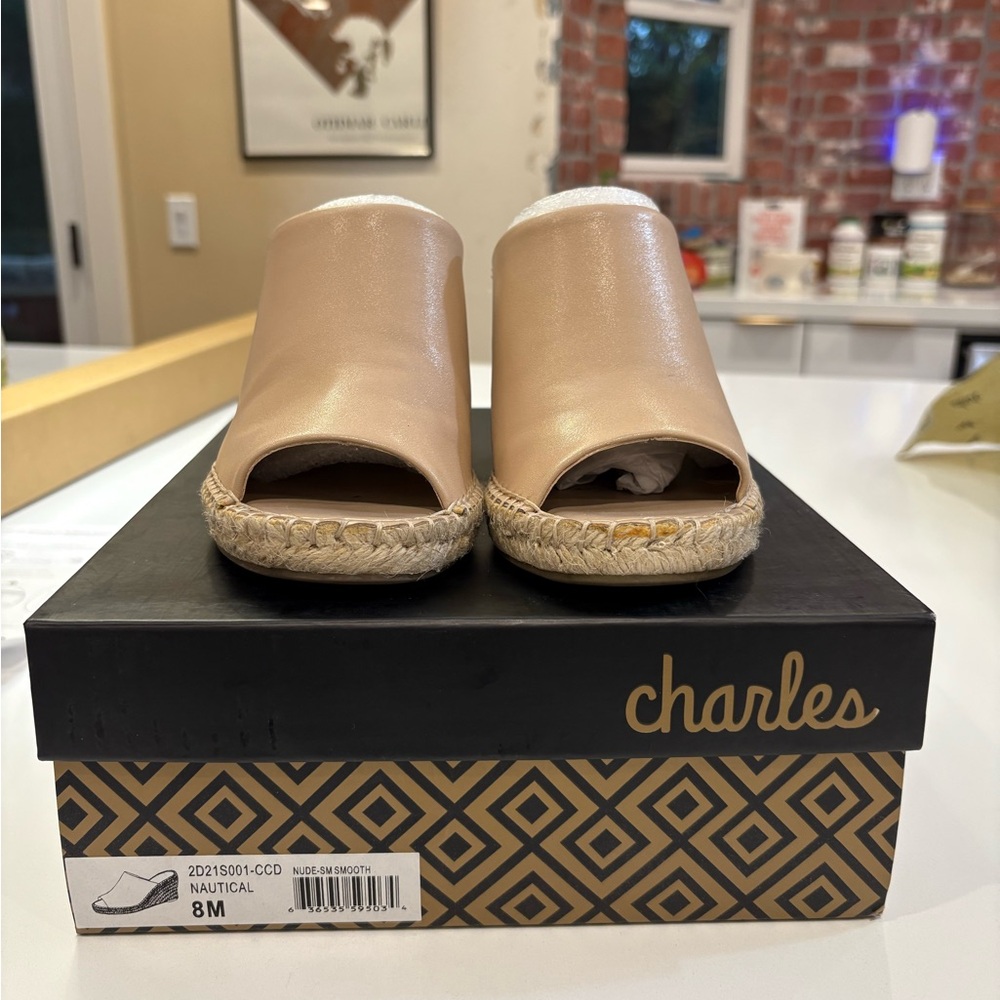 Charles David Leather Mule Espadrille Slide Jute Wedge Heel Peep Toe Size 8.